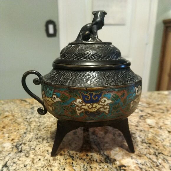 Antique Chinese Cloisonné Enamel Bronze Dynasty Handle Incense Burner Censer Foo - Picture 5 of 12